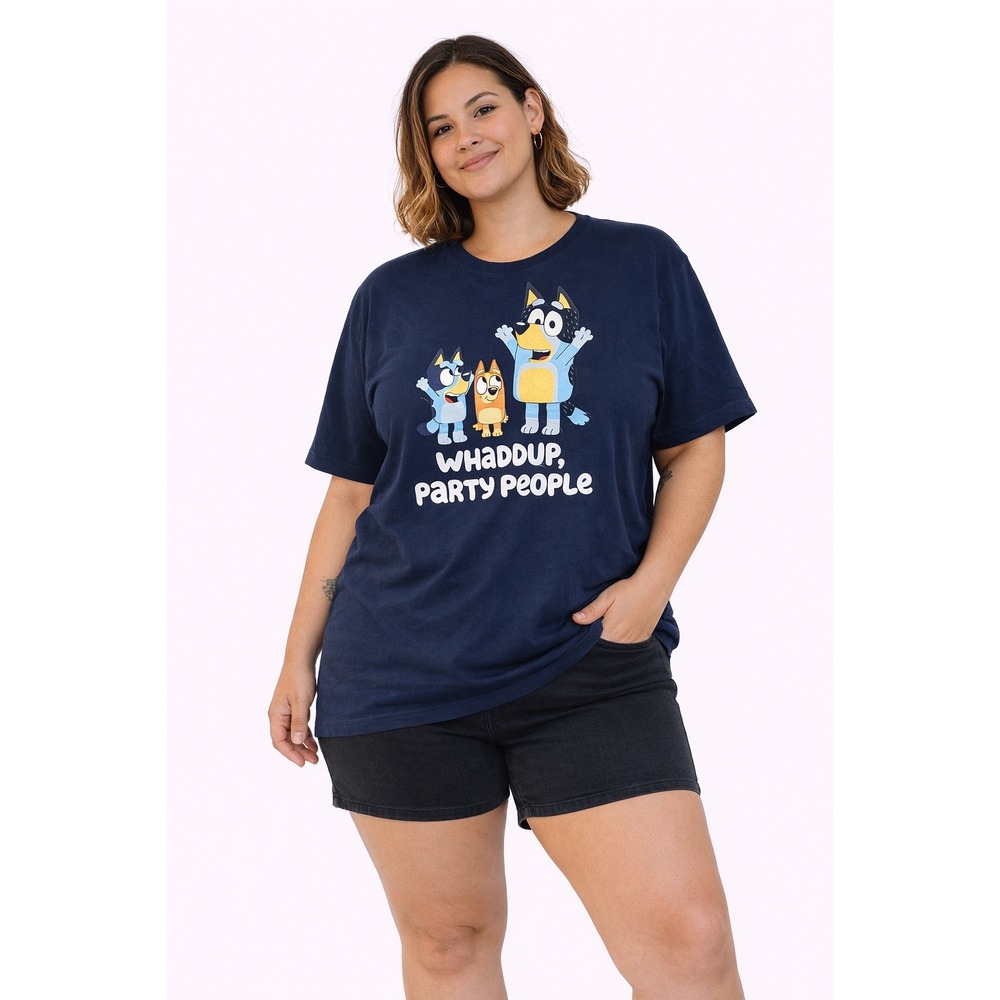 Bluey Graphic Tee Women 2XL Navy Whaddup Party People Short Sleeve Cartoon Shirt